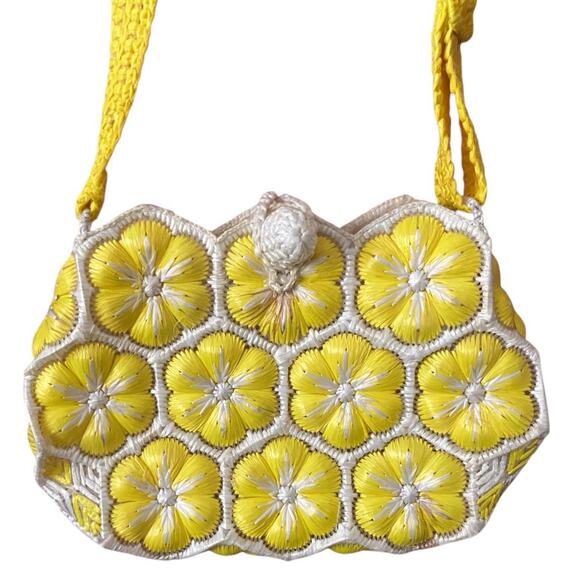 Handmade Handbags - Vintage Handwoven Yellow Floral Raffia Shoulder Bag 1960s-70s Boho Summer Purse